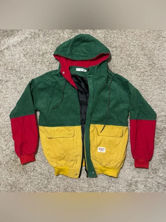Vintage Colorblock Corduroy Hooded Jacket Women’s Small Retro Green Red Yellow - Picture 1 of 6